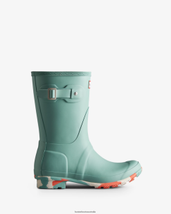 Hunter Birdseye Blue/White Willow/Persimmon Pink NF426132 Women Colour Splash Sole Short Rain Boots