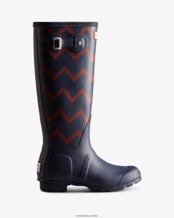 Hunter Evening Blue/Sundried Red NF426318 Women Rowing Blazers Zig Zag Tall Rain Boots