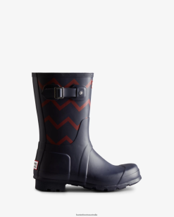 Hunter Evening Blue/Sundried Red NF426542 Men Rowing Blazers Zig Zag Short Rain Boots